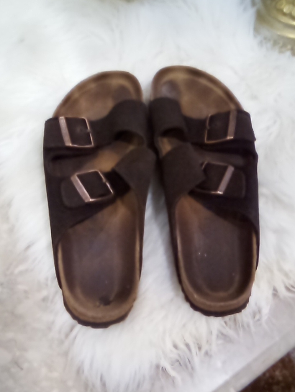Birkenstock Brown Double-Strap Suede Slide Sandals